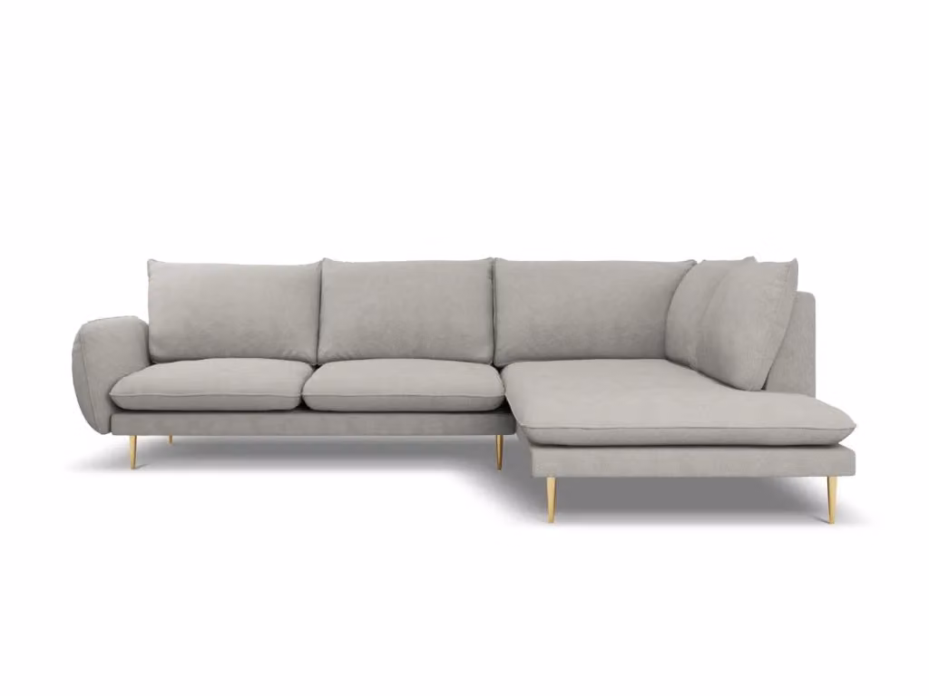 Divano angolare destro Vienna di Cosmopolitan Design, modello a 6 posti in tessuto grigio chiaro con dettagli oro e struttura in metallo, L: 275 cm, P: 95 cm, H: 73 cm – 2