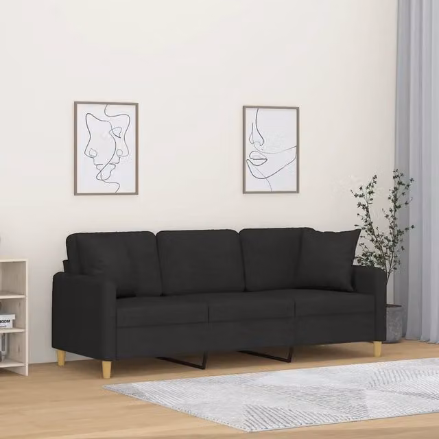Divano a 3 posti moderno vidaXL in tessuto nero con cuscini e struttura in metallo L: 198 cm, P: 80 cm, H: 77 cm – 1