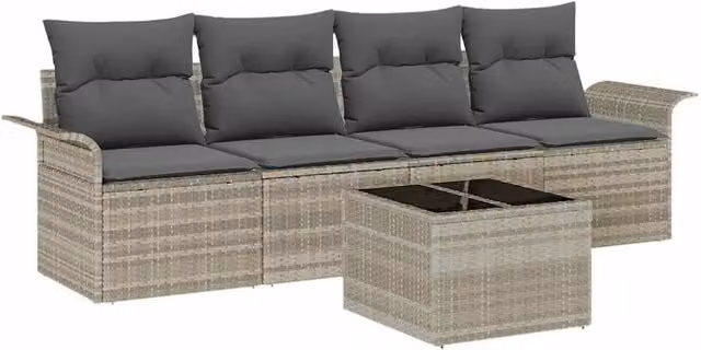 Set da giardino moderno DESIGN IN in polyrattan grigio con divano a 3 posti, elemento angolare, pouf e tavolino da esterno con cuscini inclusi