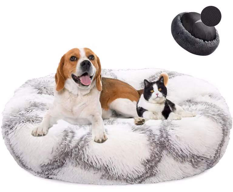 Cuccia per cani a forma di ciambella, in peluche, lavabile, bianca e grigia, diametro 80 cm