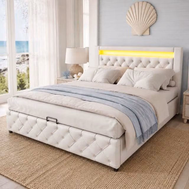 Letto contenitore imbottito ULEVR 160x200 cm con rete a doghe, LED regolabile e rivestimento in PU bianco