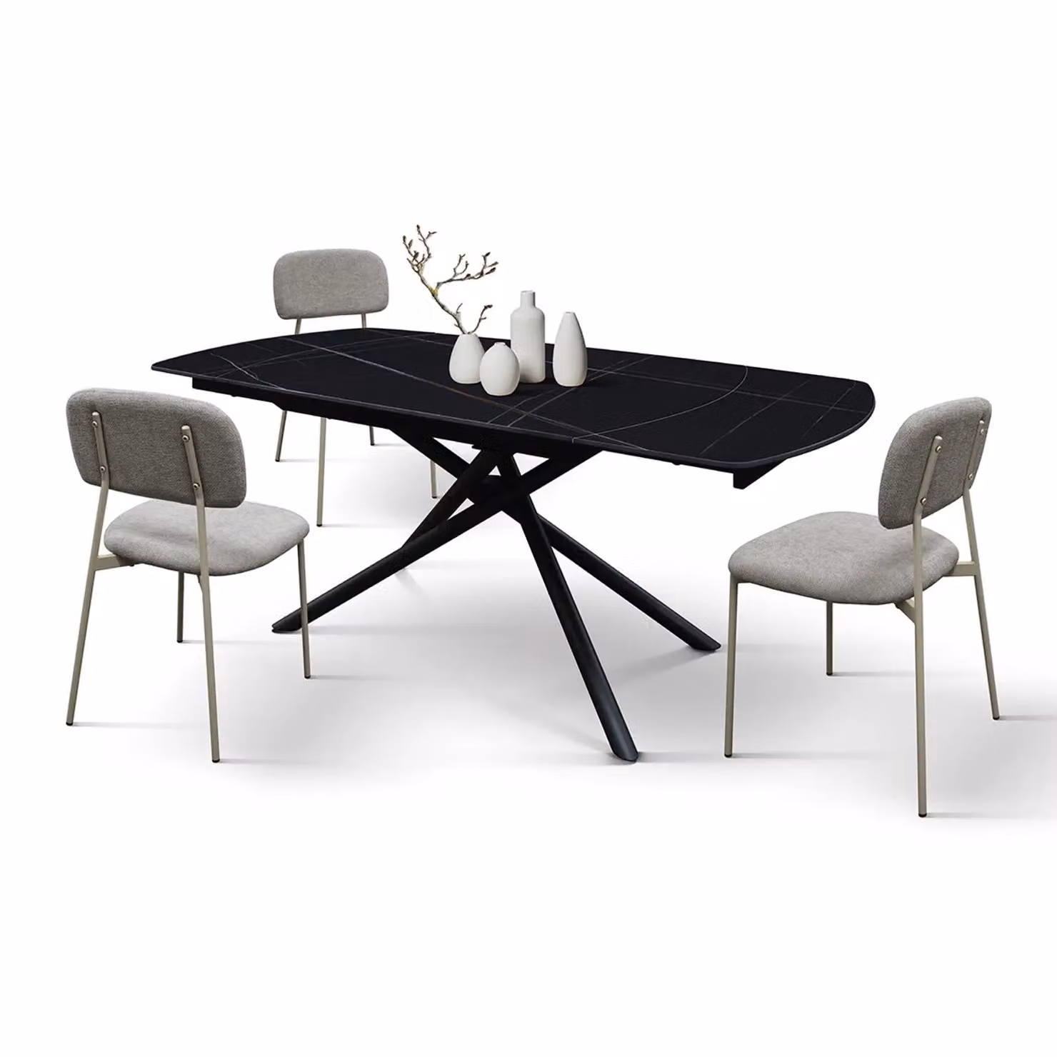 Tavolo BONIFACIO in ceramica nero Sahara e base in metallo verniciato nero, allungabile 120×88 cm – 180×88 cm