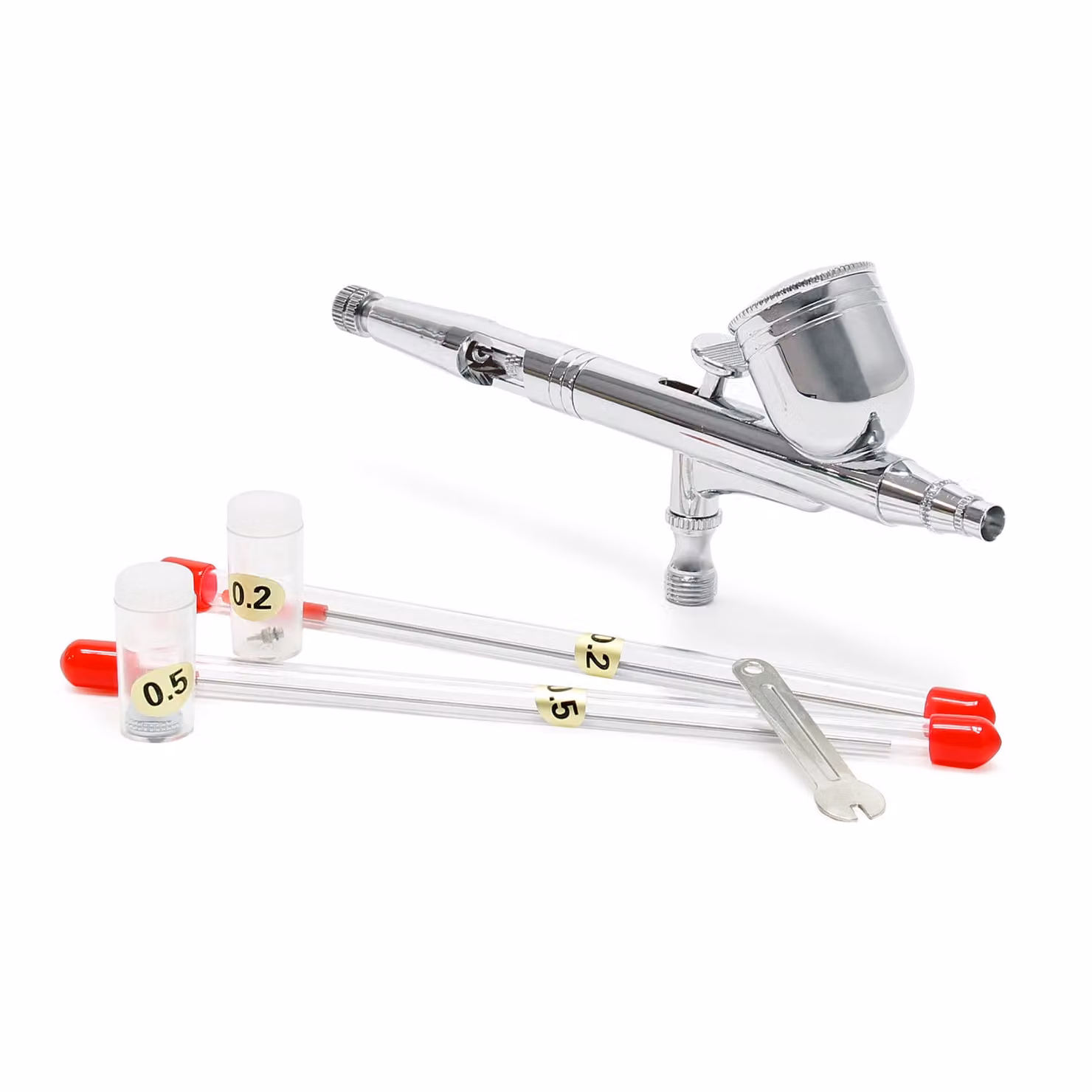 Set di pistole per aerografo Wiltec tipo 130T con funzione a doppia azione, ago e ugello Ø 0,2-0,5 mm, 1 tazza di colore, adattatore per modellismo, nail art ecc.