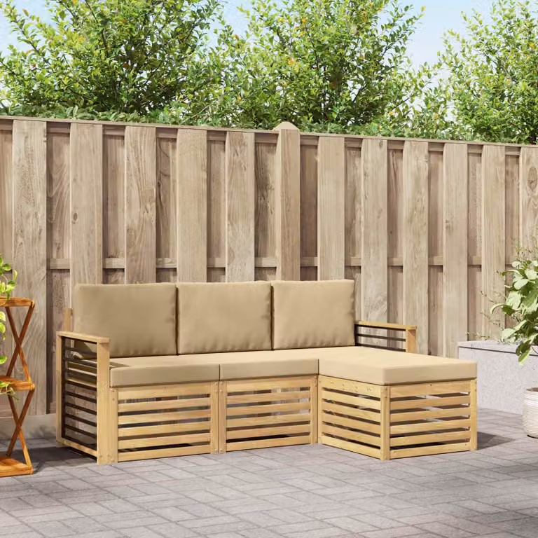 Set di divani da esterno vidaXL a forma di L in legno di acacia con cuscini, 4 pezzi, Bianco e Beige