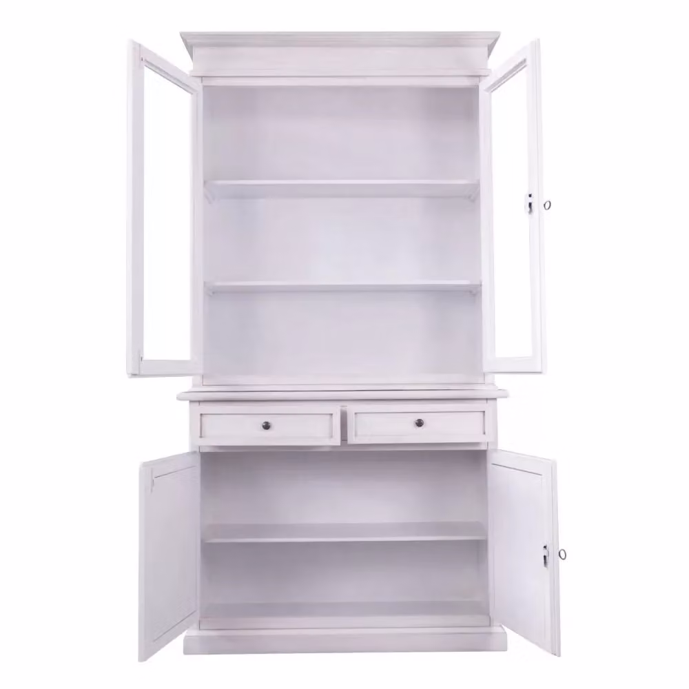 Cristalliera Shabby Chic Mobili 2G in Legno di Pino Bianco Anticato con Ante in Vetro L/P/H: 105 x 42 x 205 cm