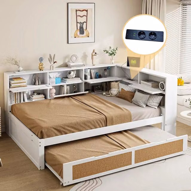 Divano letto legno - Xylo - 140x200 cm gigogne USB bianco