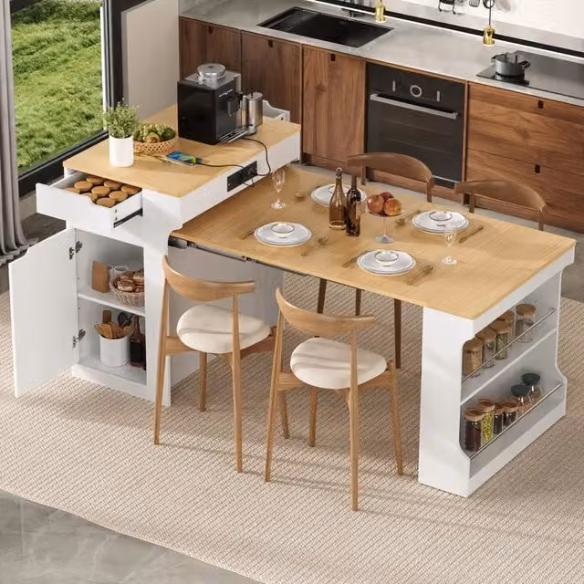 Isola da cucina con ruote, tavolo allungabile con ciabatte elettriche e 2 cassetti, per cucina e sala da pranzo (Bianco)