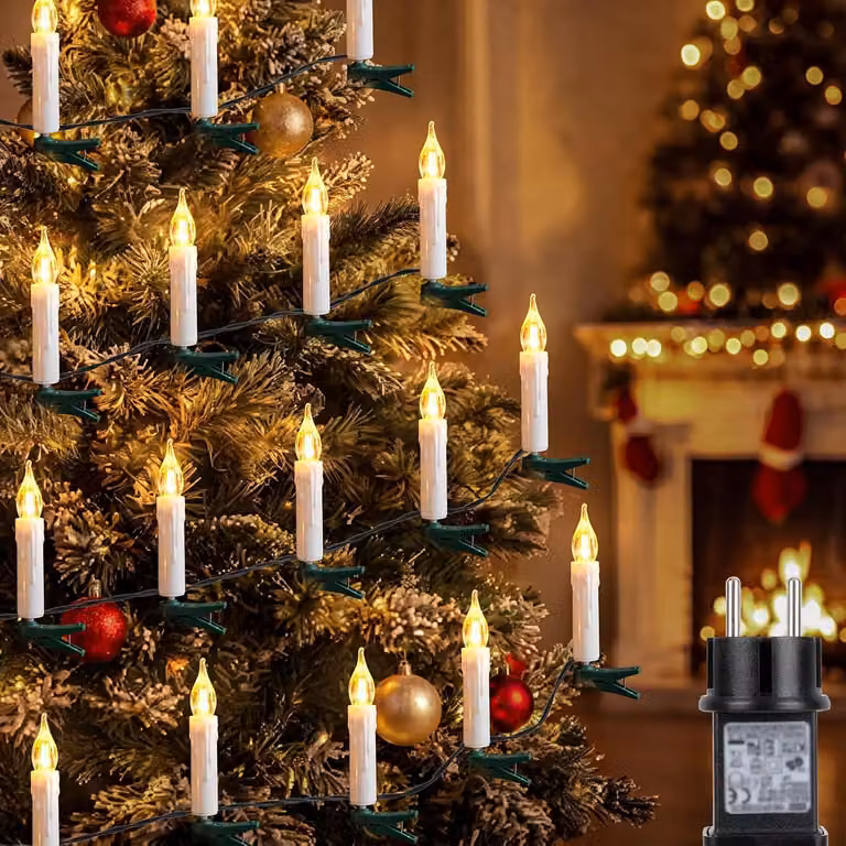Catena luminosa con 30 luci a LED a forma di candela, lunghezza 15 metri, con funzione timer, ideale per l'albero di Natale