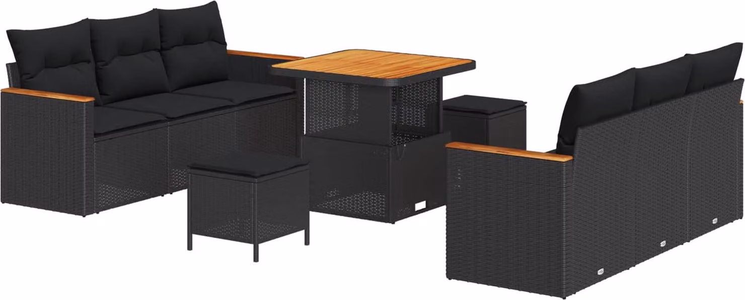 Set Divano da Giardino 9 pcs Nero polyrattan