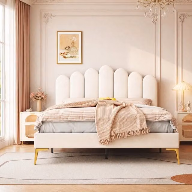 Letto matrimoniale imbottito 140 × 200 cm con testiera regolabile e rete a doghe in velluto beige