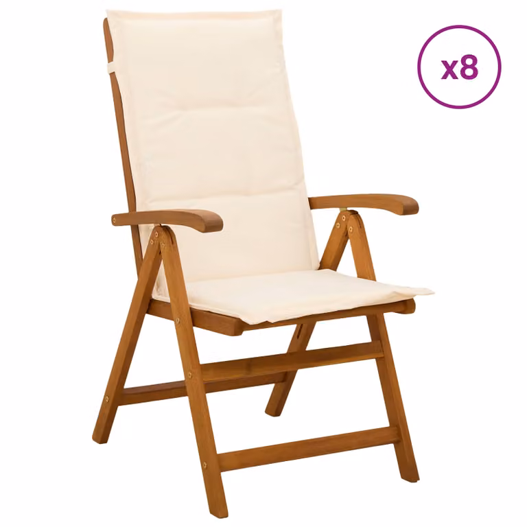 Set di 8 sedie da giardino reclinabili vidaXL in legno di acacia naturale con cuscini beige e bianchi