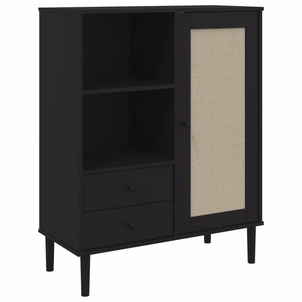 Credenza SENJA vidaXL in legno di pino massello e rattan, colore nero, L 90 cm, P 40 cm, H 112 cm – 2
