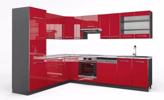 Cucina angolare moderna Vicco Fame-Line Bordeaux lucido e Antracite, L: 287 cm, H: 227 cm – 1