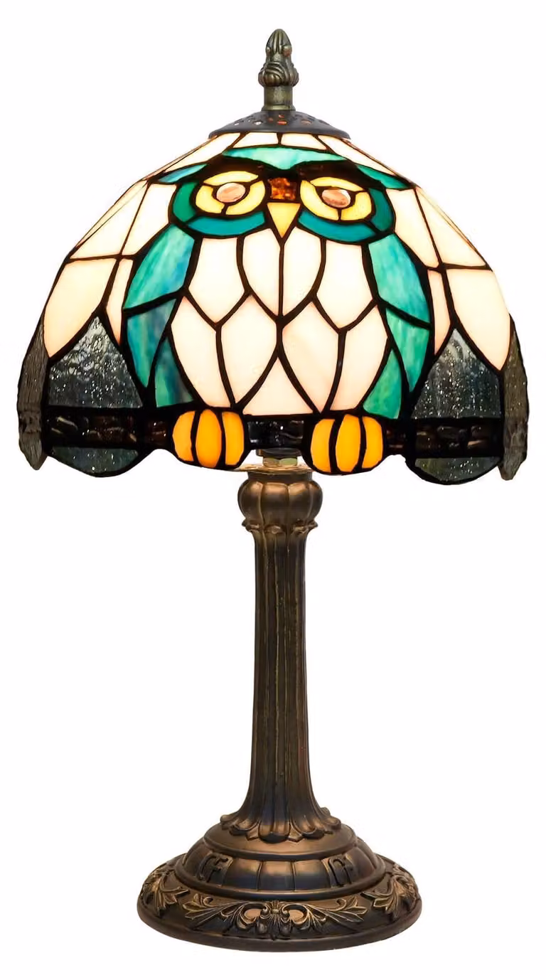 Lampada da tavolo gufo Vetro colorato - Paralume 20 cm - Base color bronzo - Cavo 155 cm