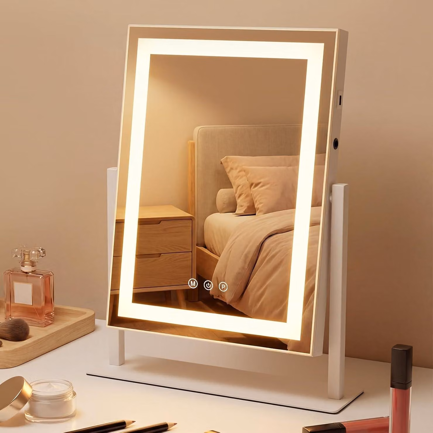 Specchio da trucco a LED ZMH con illuminazione, 30×40 cm, 3 modalità, specchio da toeletta piccolo, specchio cosmetico, specchio da tavolo con luce, specchio da trucco, dimmerabile tramite tocco