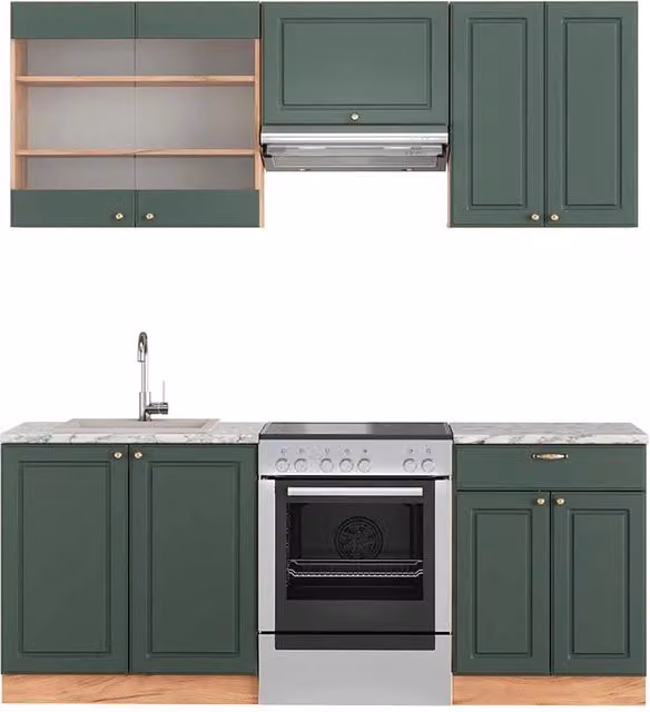 Cucina componibile Fame-Line Vicco in stile country house, colore Verde-oro e Rovere dorato, L: 200 cm, P: 60 cm, H: 81,6 cm