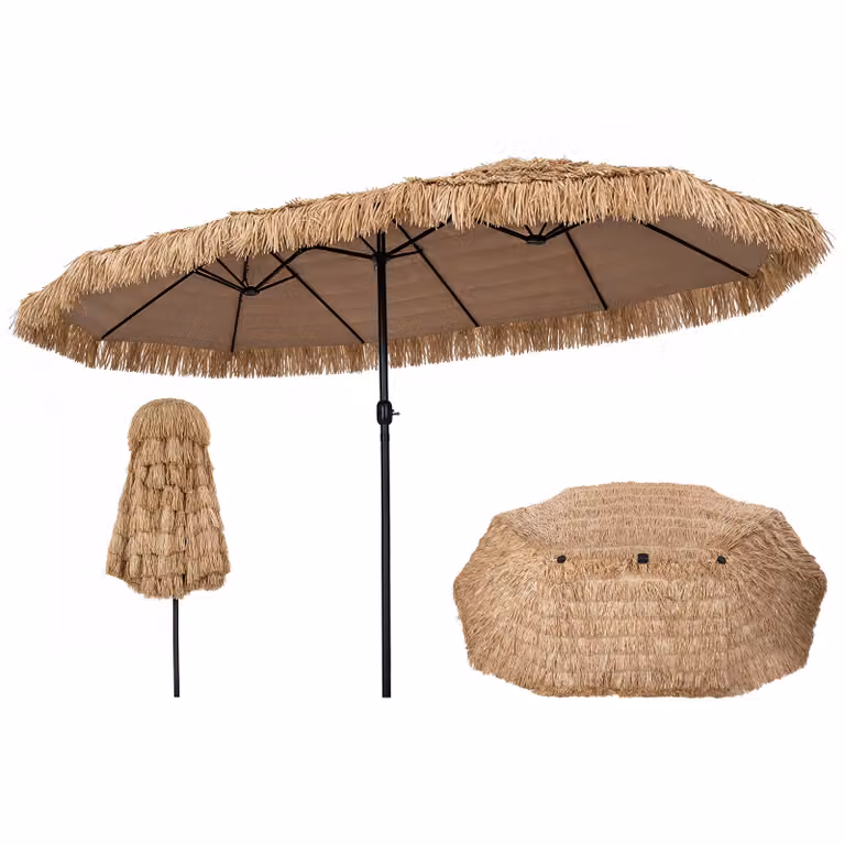 Ombrellone da giardino in paglia Costway marrone con palo in metallo e manovella L: 450 cm, P: 270 cm