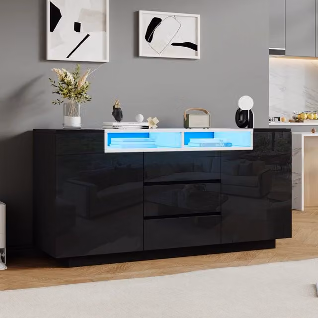 Madia LED con 2 ante, 3 cassetti e 2 vani semiaperti, finitura lucida, per soggiorno, in truciolare nero, 140 × 40 × 68 cm