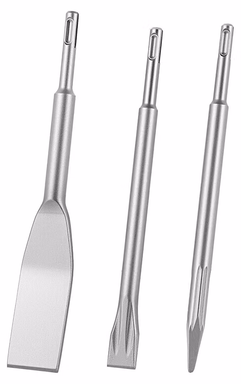 Set di scalpelli SDS Plus, 3 pezzi. Accessori per trapani avvitatori SDS Plus, include scalpelli a punta, piatti e angolati. Realizzati in acciaio legato 40Cr trattato termicamente, con lama affilata per lavori di demolizione, su cemento e mattoni