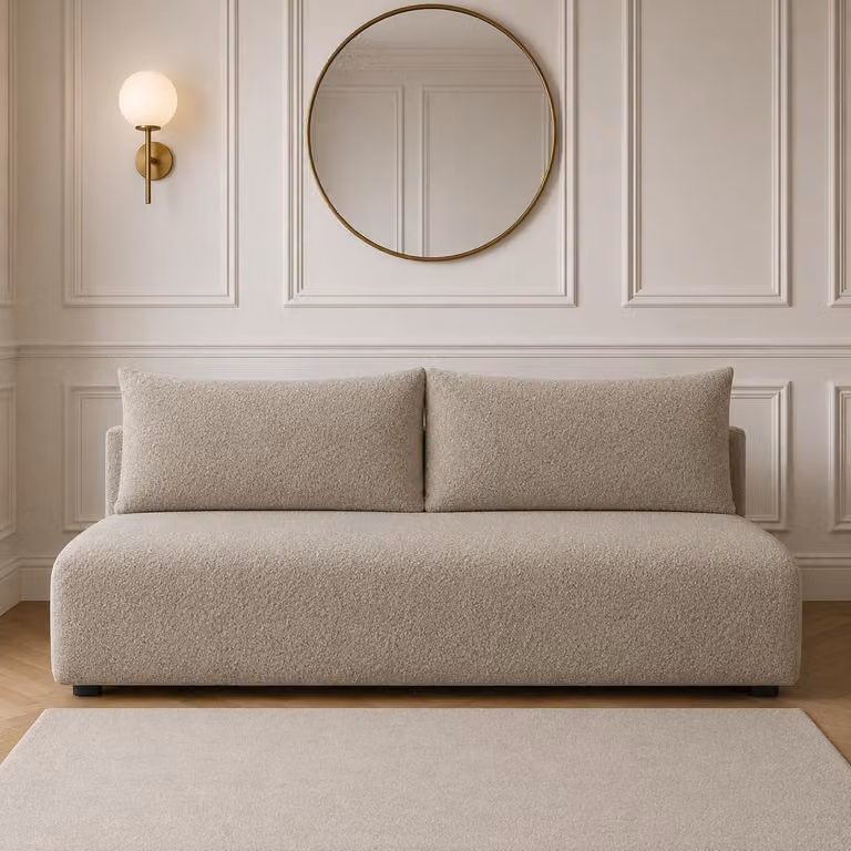Sofello Divano LUNO boucle con funzione letto Beige - Divano moderno boucle per il vostro salotto, zona letto: 204×144 cm