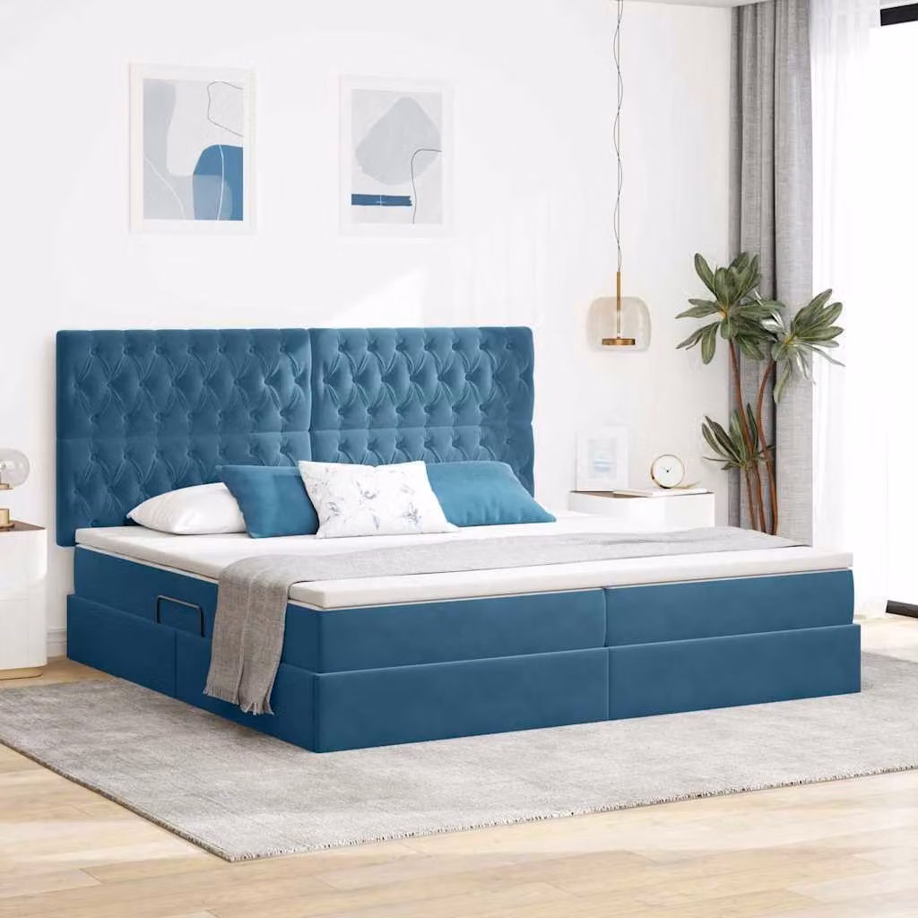Letto moderno vidaXL con contenitore e materasso in velluto blu, L/P/H: 200 x 200 x 280 cm – 1