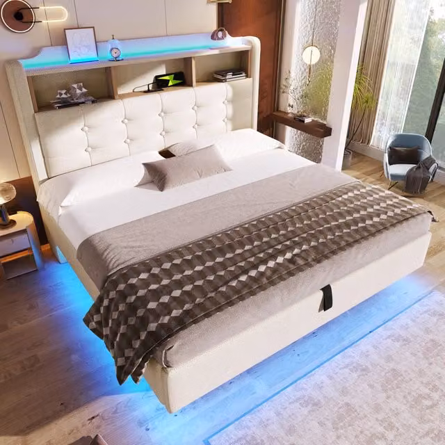 Letto matrimoniale imbottito 140 x 200 cm, luci a LED, vano portaoggetti, con porte USB e Type-C, tessuto di lino, color beige