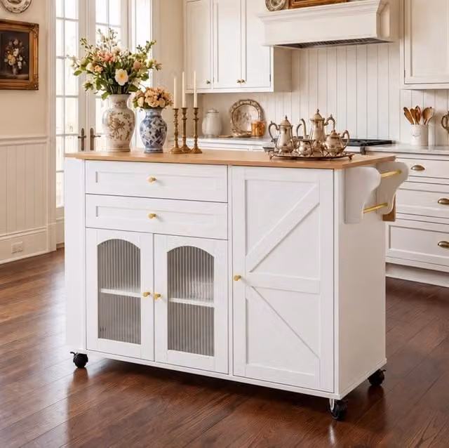Isola da cucina mobile 110 cm con piano pieghevole; cassetti; ante in vetro e ruote; bianca
