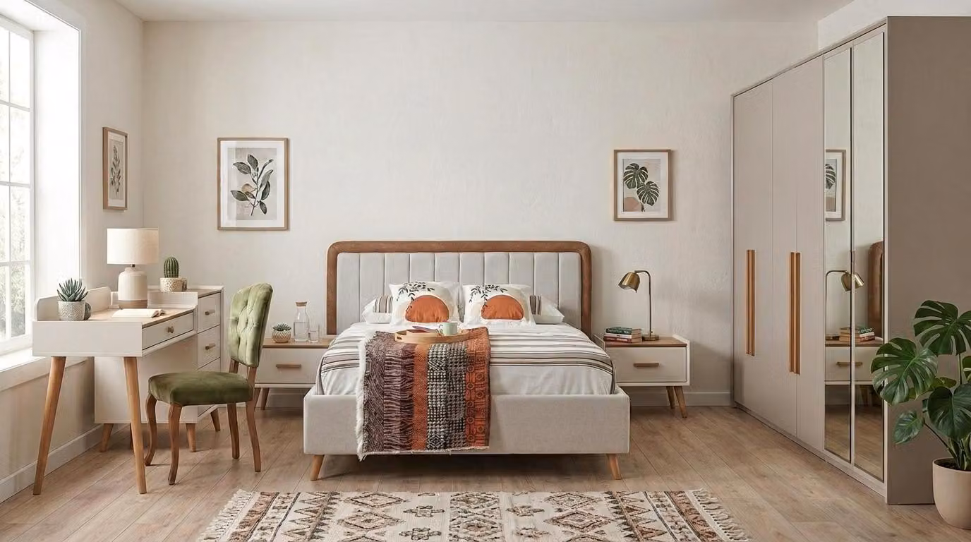 Set per camera da letto: letto, armadio, comodino, 2 comodini, design moderno, colori chiari