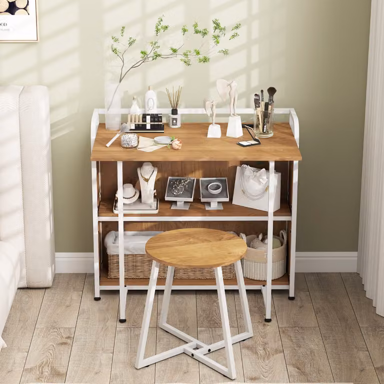 Set scrivania portatile pieghevole con scaffale, stazione di ricarica e sgabello Costway in legno e metallo, colore Naturale