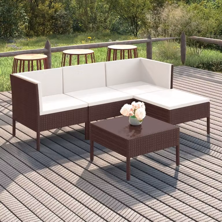 The Living Store Set da giardino 5 pezzi con cuscini in poly rattan marrone
