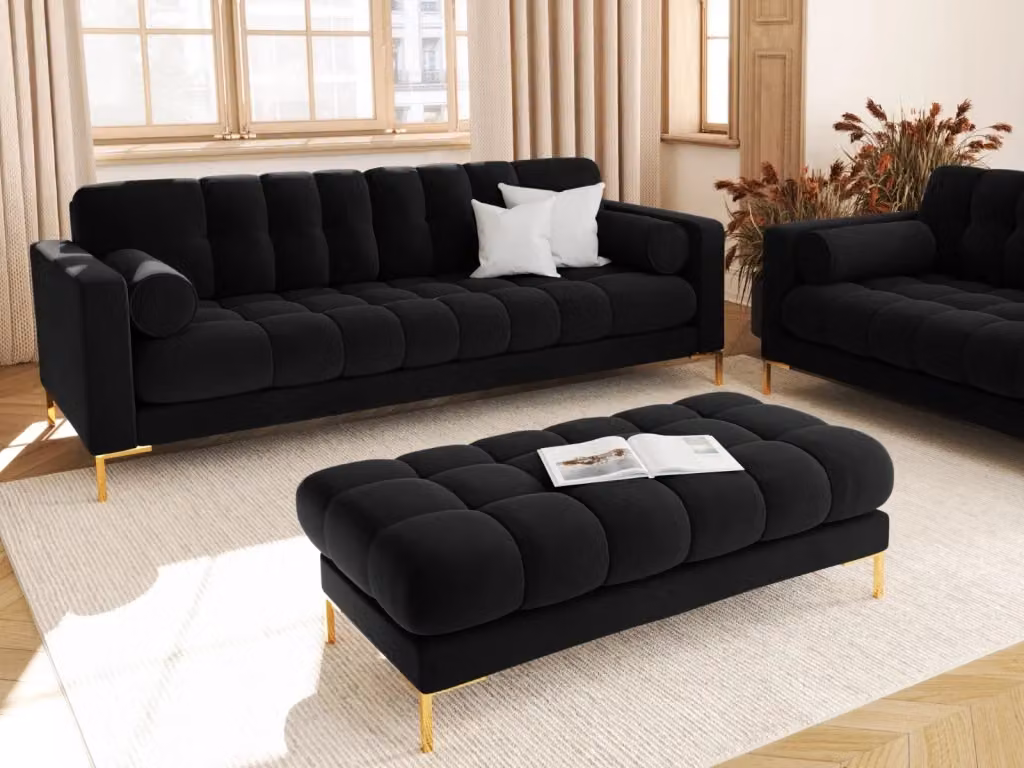 Divano Bali Cosmopolitan Design a 4 posti in velluto nero con dettagli oro L: 217 cm, P: 75 cm, H: 92 cm – 2