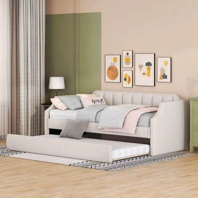Letto giorno moderno imbottito in tessuto beige L/P/H: 213 x 90 x 120 cm
