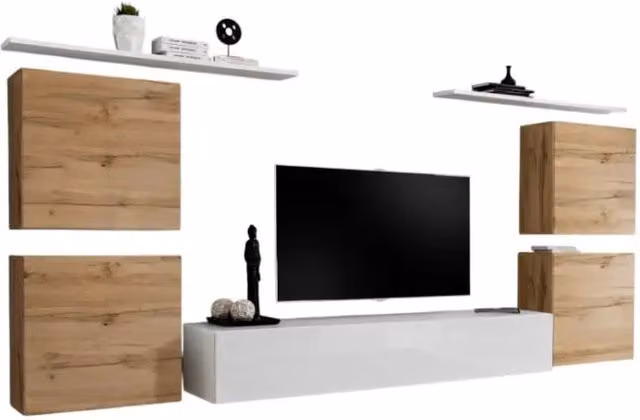 Composizione murale SWITCH IV Meublorama per soggiorno in bianco lucido e quercia Wotan con mobile TV e scaffali sospesi
