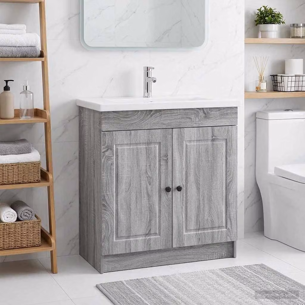 Mobiletto da bagno sotto il lavello vidaXL in stile minimalista, colore grigio e nero, con ante a cerniera e ripiani interni, L/P/H: 81,0 x 37,5 x 56,0 cm
