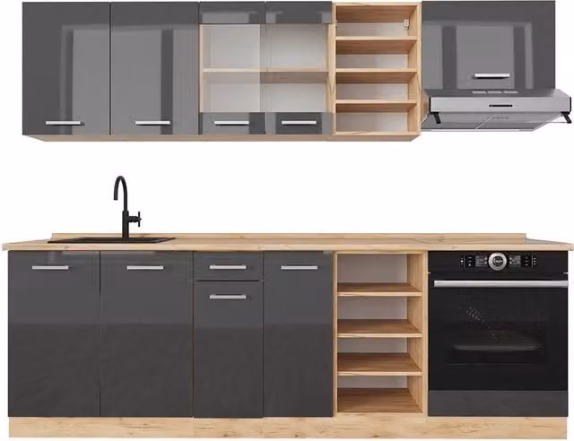 Cucina componibile moderna Vicco R-Line in antracite lucido e rovere dorato, larghezza: 240 cm, senza piano di lavoro