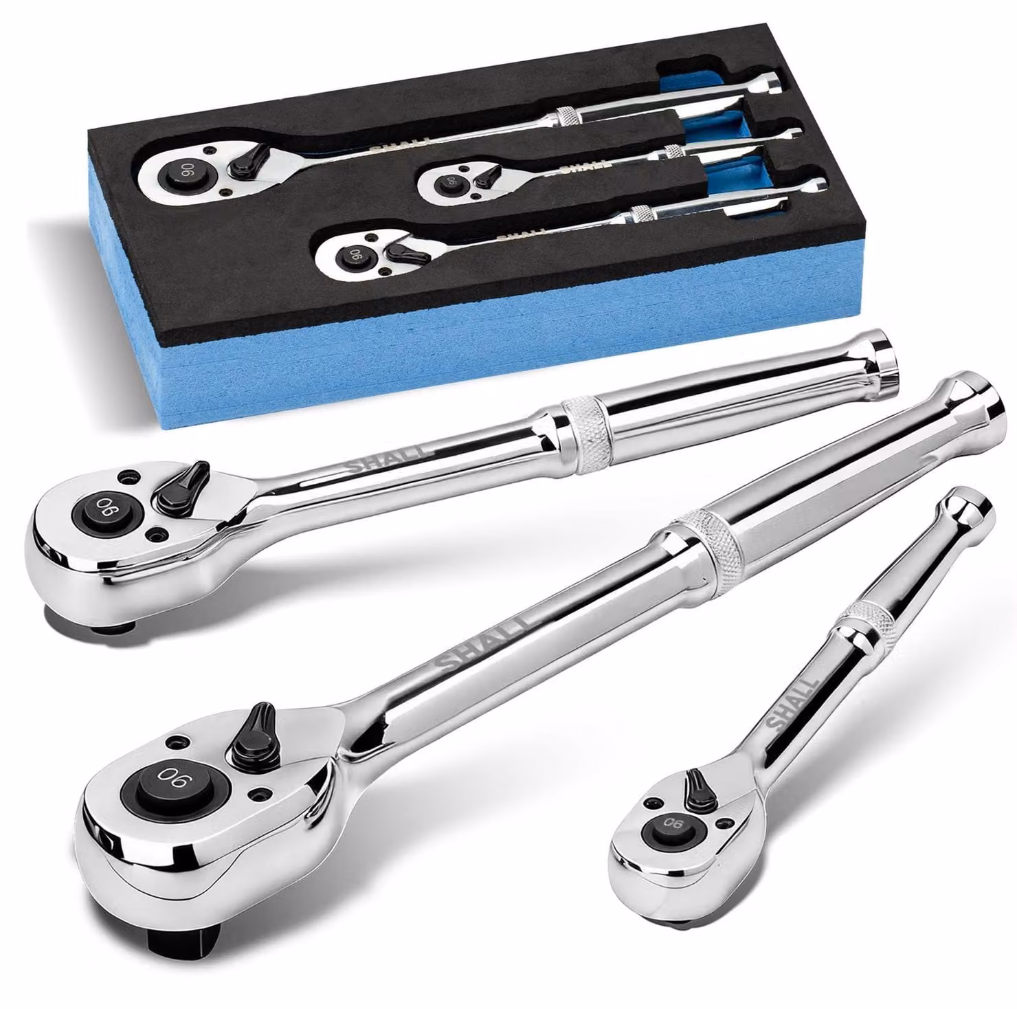 Cricchetto reversibile - Set da 3 pezzi - 1/4, 3/8 e 1/2 pollici - 90 denti