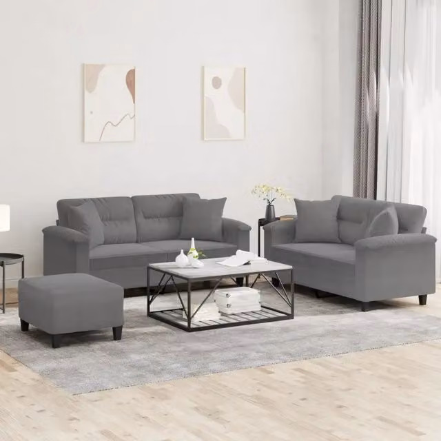 Set di 3 divani vidaXL in microfibra grigio con cuscini per soggiorno in stile moderno – 1