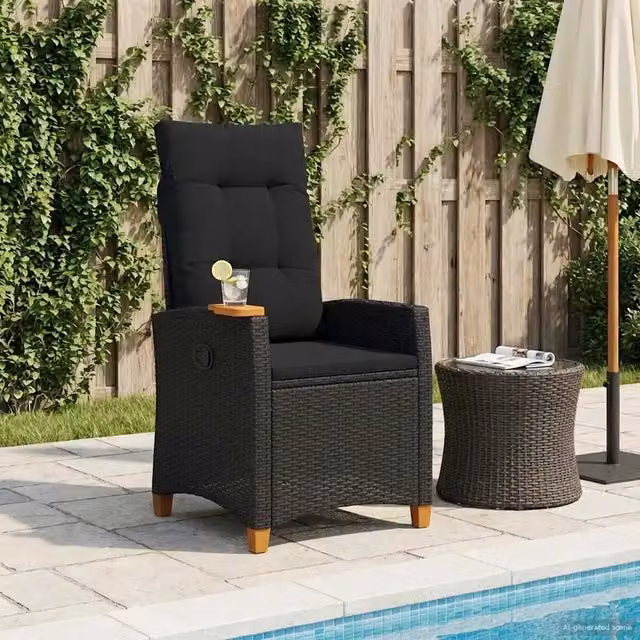 Poltrona reclinabile con tavolino vidaXL in rattan e metallo, colore nero, L: 62 cm, P: 64 cm, H: 112 cm