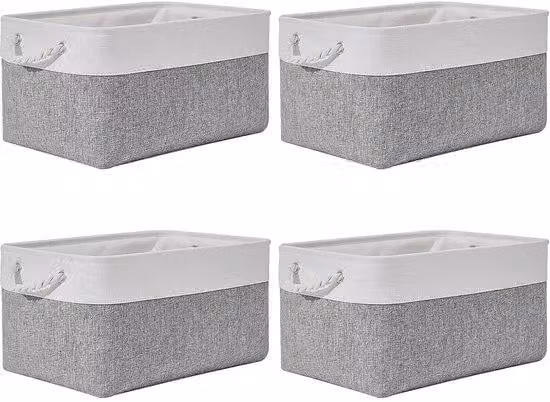Set di 4 cesti per l'organizzazione di oggetti tessili, in cotone e lino, dimensioni 36x26x18 cm, colore grigio e bianco – Ideali per riporre vestiti, giocattoli e libri
