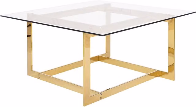 Tavolino da caffè con struttura in metallo dorato e piano quadrato in vetro dal design glam geometrico