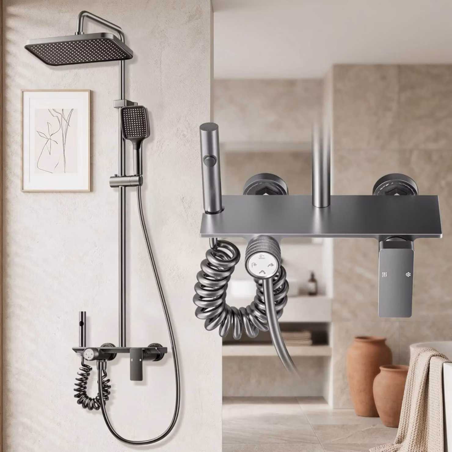 Sistema doccia con 4 modalità, doccia a pioggia, soffione in ABS, doccetta manuale, regolabile da 65 a 105 cm, colore grigio