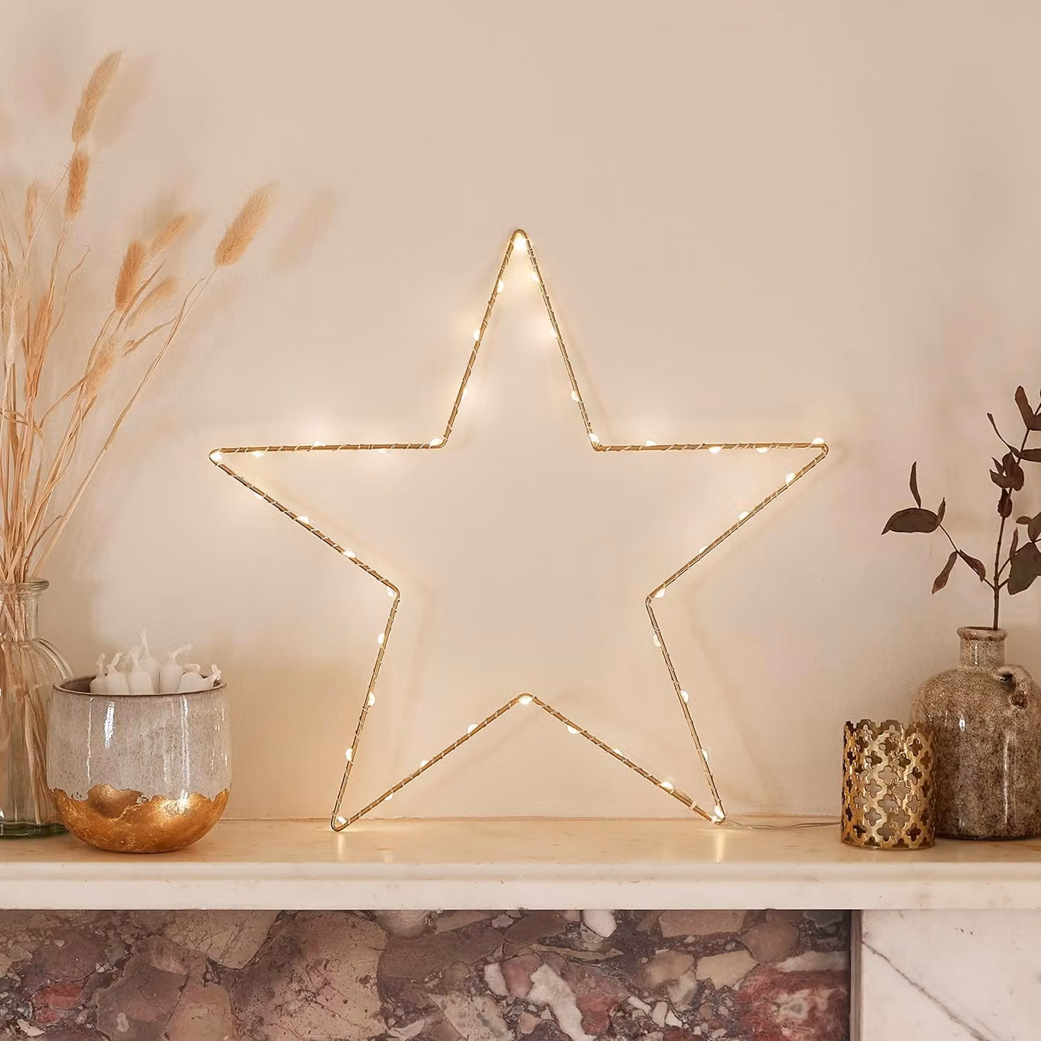 Stella dorata a LED, 35 cm, 40 LED bianco caldo, con timer, alimentata a batteria