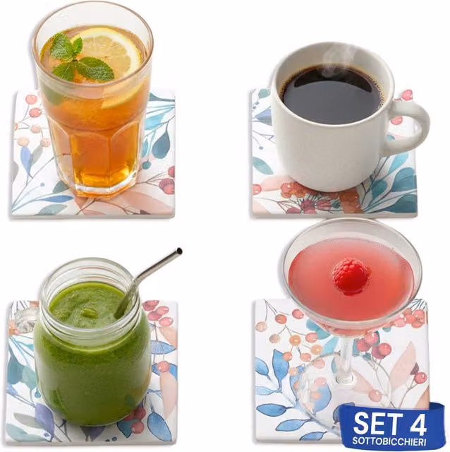Set di 4 Sottobicchieri Quadrati Floreali in Ceramica Multicolore Tognana