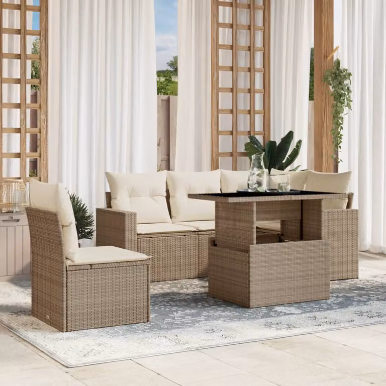 vidaXL Set Divano da Giardino 6 pz a L in Polyrattan Beige con Cuscini e Tavolino