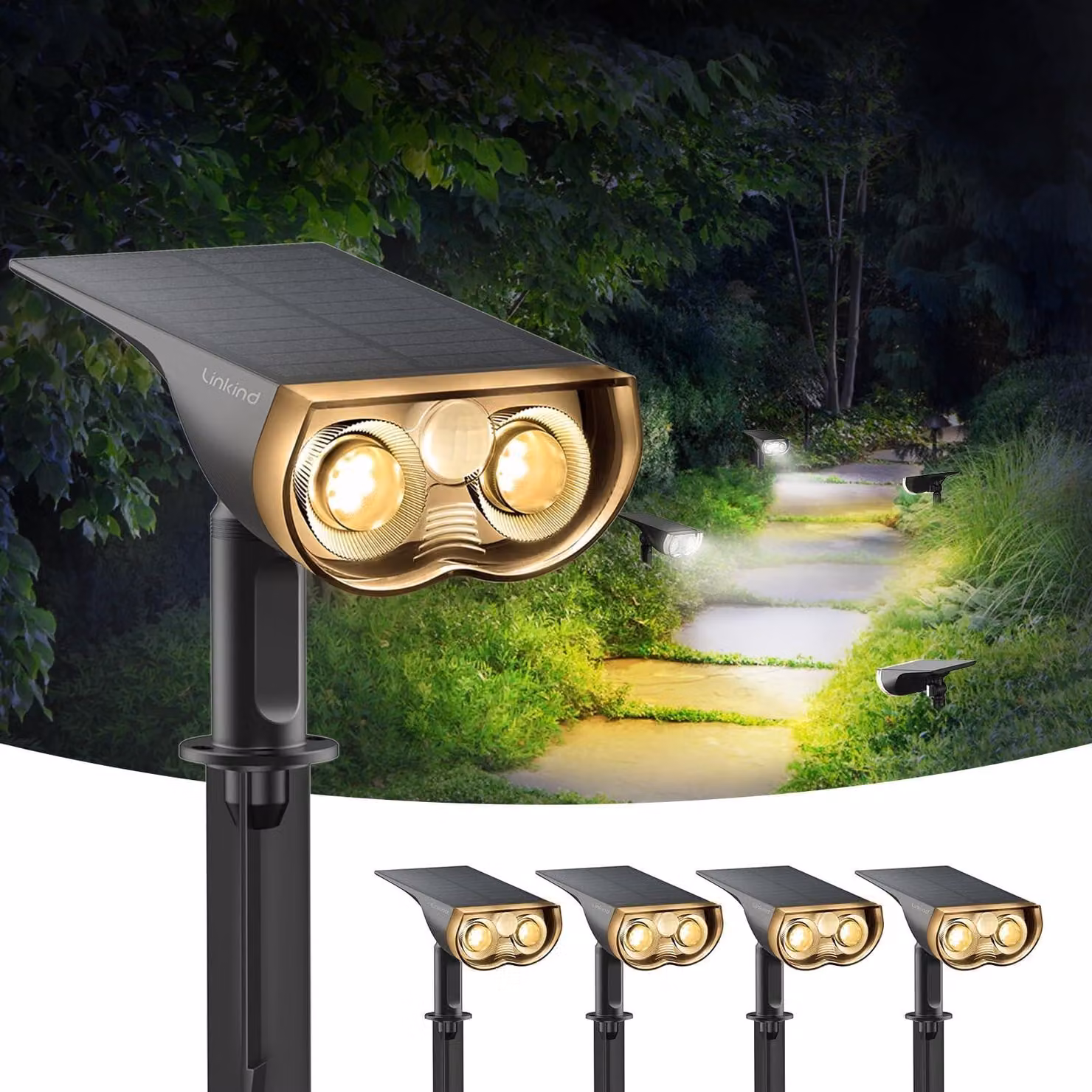 Set di 4 luci solari da giardino, 800 lumen, 3000K, 22 LED, 2 modalità, grado di protezione IP65