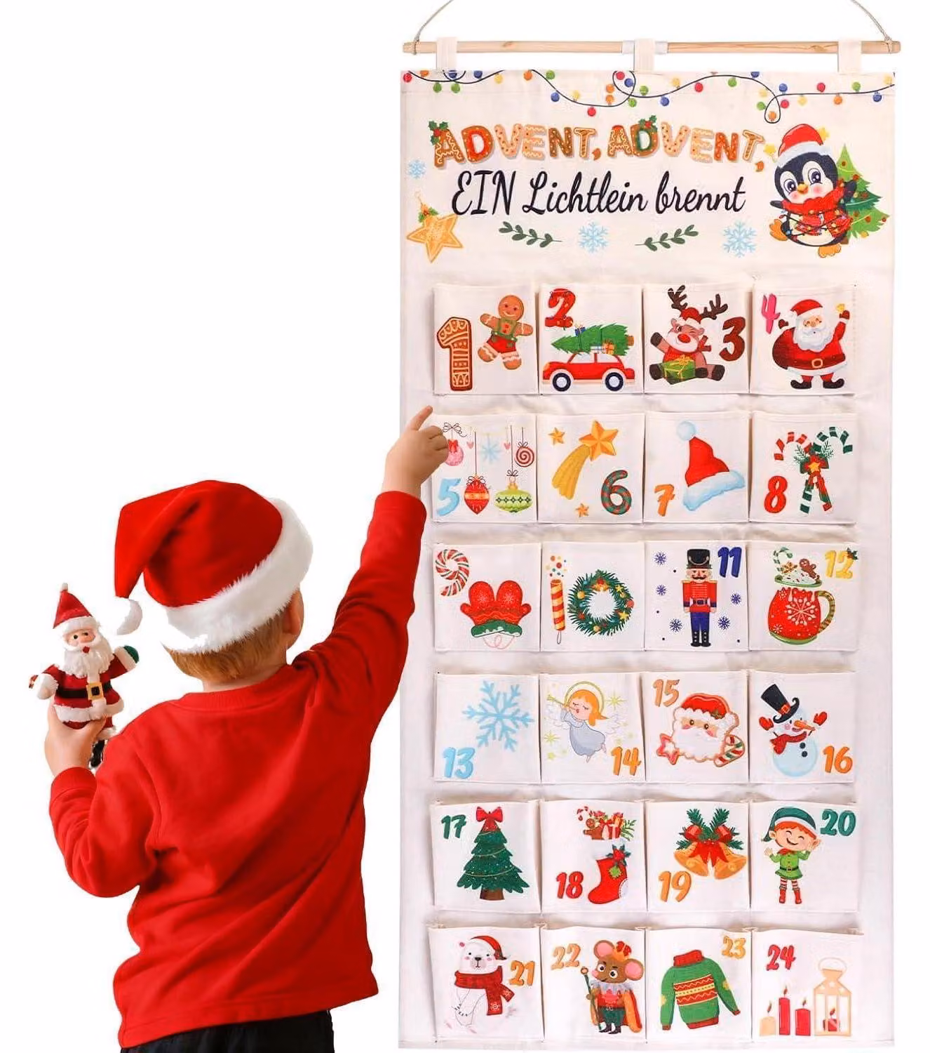 Calendario dell'Avvento in tessuto, 24 tasche, colore beige, dimensioni 50x104 cm, riutilizzabile, anno 2026