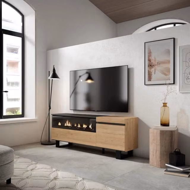 Mobile TV Soggiorno, 150x35x57cm, Per TV fino a 65", Camino elettrico, Design industriale, colore Rovere e nero RF2431