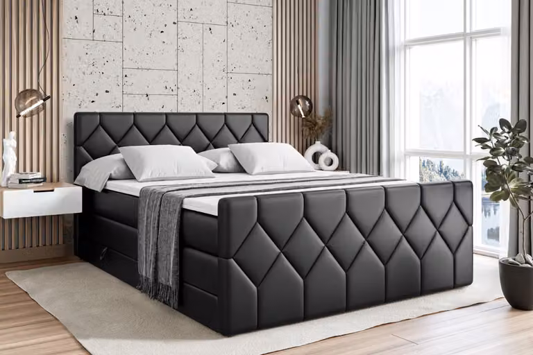 Letto boxspring ALTDECOR con pediera, 2 materassi e topper - 200x200 cm - CATOR-Z KING - Pelle finta nera - Letto imbottito con materassi H3 e H4, contenitore e rete a doghe, letto con spazio contenitivo