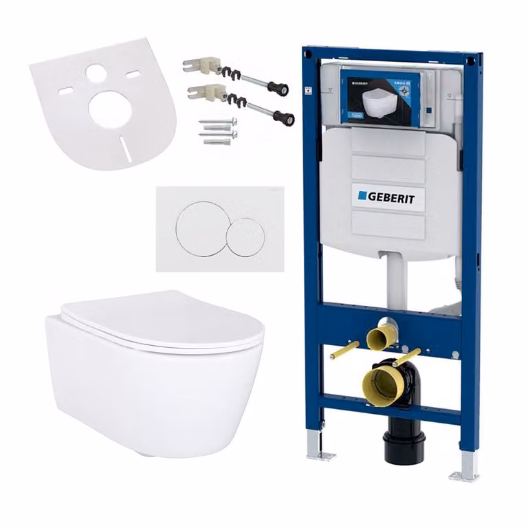 Set completo per WC sospeso Geberit con WC sospeso, sedile con chiusura ammortizzata, elemento pre-parete e placca di azionamento