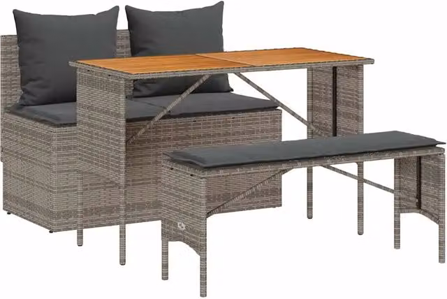 Set da Pranzo da Giardino 3 pz | Set Salotto da Giardino con Cuscini in Polyrattan Grigio